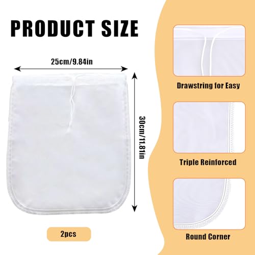 Nut Milk Bag Reusable 2 PCS 12" x 10" Food Strainer Nut Bags for Straining Almond/Soy Milk Greek Yogurt Professional for Cold Brew Coffee Tea Beer Juice Fine Nylon Mesh Cheesecloth - color: 2 pcs