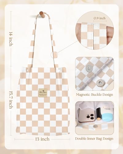 Miss Adola Corduroy Tote Bag for Women with Aesthetic Design | Magnetic Buckle & Pocket, Reusable, Soft, Roomy, Long Shoulder Handles, Double-sided Print, Casual Daily Work, Grocery Bags - color: Khaki Plaid, size: Large