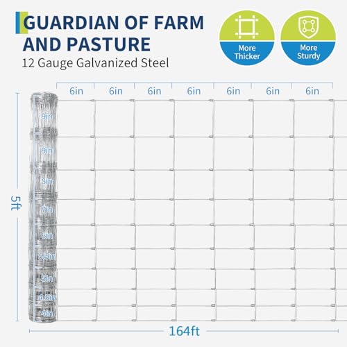 Garvee 5FT x 164FT Heavy Duty Farm Fence, Galvanized Wire Livestock Fencing for Goats, Cattle & Deer, High-Zinc Field Fence Roll for Yard, Pasture & Ranch Protection - size: 5ft x 164ft