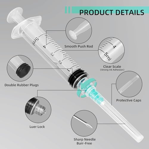 20 Pack 5ml Syringes with 21G 1.25 Inch Needle, Disposable Luer Lock Syringe Individually Sterile Packed for Scientific Lab, Liquid Measuring and Dispensing - size: 5CC-21G-1IN