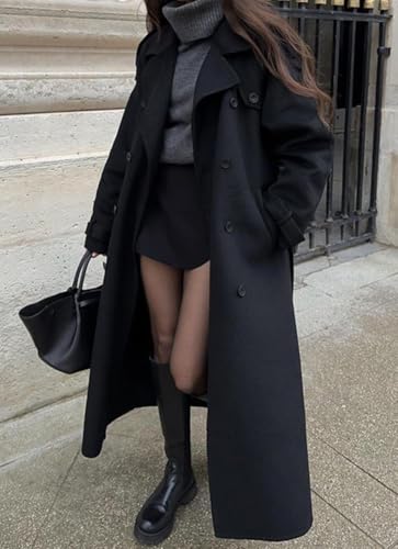 chouyatou Women's Winter Double Breasted Wool Coat Long Sleeve Notch Lapel Midi Long Winter Trench Coat with Belt - color: Black, size: Small