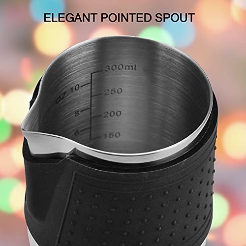 HOMEE Milk Frothing Pitcher 12oz Stainless Steel Steamer Jug Eagle Spout | Espresso Milk pitcher Pitcher With Heat Resistant Silicone Grip Pads, Expresso Machine, Latte Art, Silver