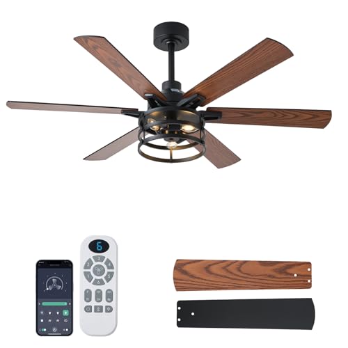 NKPU 52 Inch Farmhouse Ceiling Fan with Light and Remote, Brown Industrial Caged Rustic Ceiling Fan with 6 Speed Reversible Motor and Dual Finish 6 Blades, Rustic Ceiling Fan for Living - color: Brown
