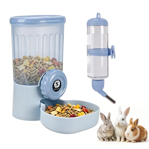 Sangle Sopffy Rabbit Feeder and Water Dispenser Set, Gravity Food Bowl with Water Bottle for Cage, Small Animal Feeding Station for Bunny, Guinea Pig, Chinchilla, Ferret, Hedgehog, Blue 2-Piece Set - color: blue