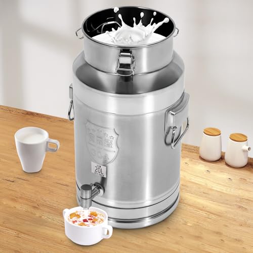 304 Stainless Steel 20L Milk Can with Spigot, Beverage Drink Dispenser, Portable Milk Transport Barrel with Handle for Milk Wine Oil & Home Kitchen Party (20L) - size: 20L