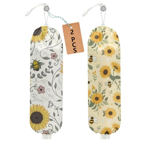 2Pcs Cute Bee Plastic Bag Holder, Wall Mount Grocery Bag Holder | Vintage Rustic Sunflower Reusable Grocery Bags Storage Dispenser for Home Kitchen Pantry, Sunflower Gifts for Women - color: Sunflower 02