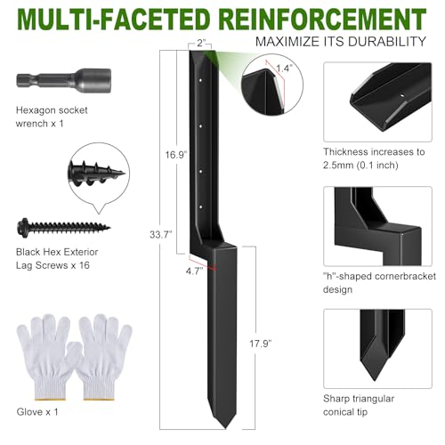 Fence Post Repair Kit，(One-Piece 33.7",4 pcs) | Heavy Duty Steel Fence Post Anchor Ground Spike ，Quick Fix Broken/Leaning Wood Posts with，and Fixed Fence Posts - size: One-Piece (33.7")