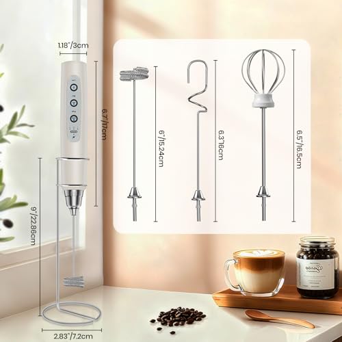 Colarlemo Milk Frother Handheld Rechargeable with Stand, Frother Wand Drink Mixer Electric Whisk for Coffee, Detachable With 3 Stainless Whisks, Hand Mixer for Lattes, Cappuccino, Matcha, Egg, Beige - color: Light Beige, style: with stand