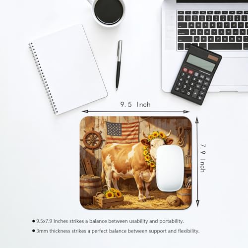 Farm Cow with Sunflower Wreath Mouse Pad 9.5" x 7.9", American Flag Rustic Barn Cute Desk Mat, Country Aesthetic - color: Cow with Sunflower
