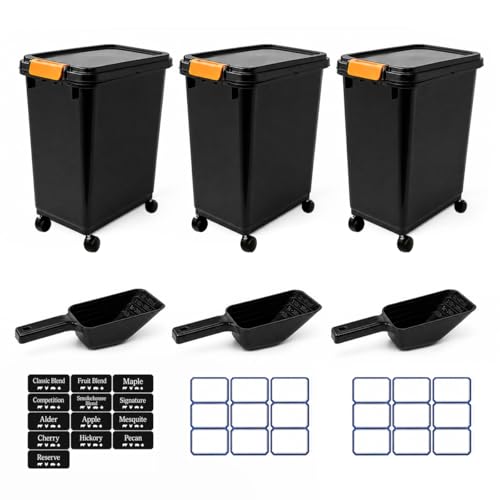 3 Sets 22lb Dog Food Storage Container with Airtight Lid,Scoops,Wheels and Labels,Dry Pellet Storage Bin Kit with Flavor Stickers Airtight for Grill Pellets