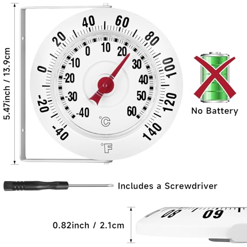 5.5 Inch Indoor Outdoor Thermometer with Mounting Bracket, White | Wall Mounted Garden Thermometer with 360° Swivel, -40 to 140℉
