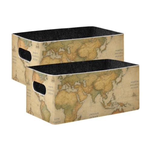 Storage Baskets Felt Foldable Storage Cube Shelf Bins Organizer Box for Kids Toys Office Bedroom Closet Babies Nursery 2-Pack (Retro World Map) - color: World Map