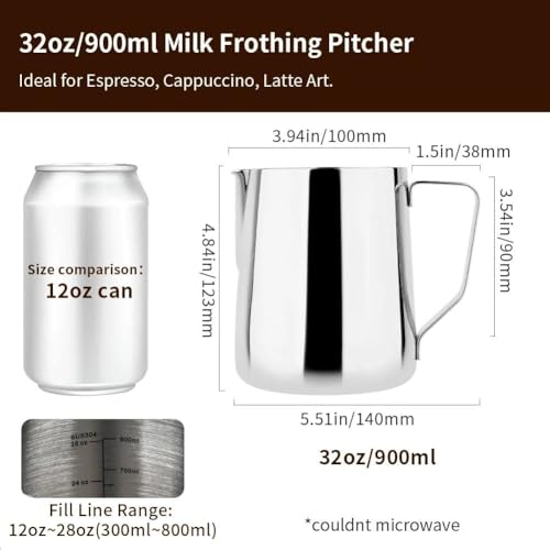 watchget 32oz Milk Frothing Pitcher Stainless Steel Espresso Steaming Jug | Clear Internal Scale, Milk Coffee Cappuccino Latte Art Barista Steam Pitchers,Barista Coffee Bar Accessories, 900ml, Silver - color: Silver, size: 30.4 Ounces