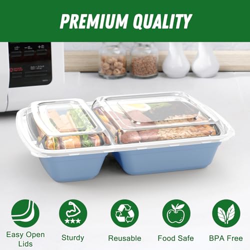 Dealusy 50 Pack 28 oz Meal Prep Containers with Lids 2-Compartment, Blue | Sturdy Leakproof & Food Safe, Microwave, Freezer, Dishwasher Safe Prep Containers, To Go Take Out Plastic Food Storage - color: Blue