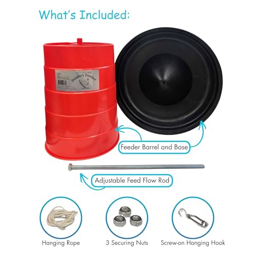 30 lb Poultry Feeder with Adjustable Flow Control, Anti-Scratch Lip to Reduce Waste, Metal Hanging Rod - Large Capacity Chicken Feeder for Backyard Flocks, Weather-Resistant