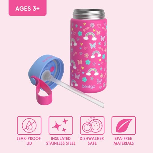 Bentgo Kids Stainless Steel Water Bottle, Leak-Proof, 14 oz, Bite & Sip | Vacuum Insulated, 18/8 Stainless Steel, 12-Hour Cold, Dishwasher Safe, BPA-Free (Rainbows & Butterflies) - color: Rainbows & Butterflies
