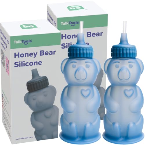 TalkTools Honey Bear Silicone Straw Cup, Dishwasher Safe Baby Drinking Bottle, Premium Food-Grade Material, Honeybear Sippy Cup for Ages 4+ Months, Kids and Toddlers (Pack of 2-8oz) (Blue) - color: Blue
