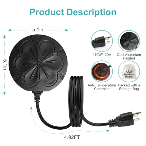 110W Bird Bath Heater for Outdoors in Winter, Submergible Cast Aluminum Chicken Water Heater with Thermostatically Controlled Bird Bath Deicer Pond Deicer for Livestock - color: BLACK