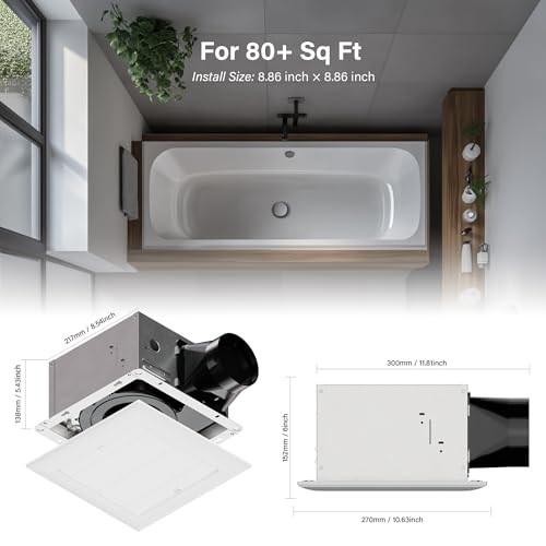 80CFM Bathroom Exhaust Fan with Grille: 20W Ceiling Mount Shower Ventilation Fan, 120V, White, Wet Rated, ETL Certified - size: 80 CFM With Grille