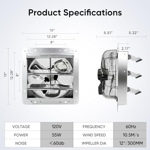 KEN BROWN 12 Inch Shutter Exhaust Fan, Aluminum Wall Mounted Attic Fan, 1450 CFM, Automatic Shutter for Attic Garage Greenhouse Shed Ventilation - size: 12" Fan without Power Cord
