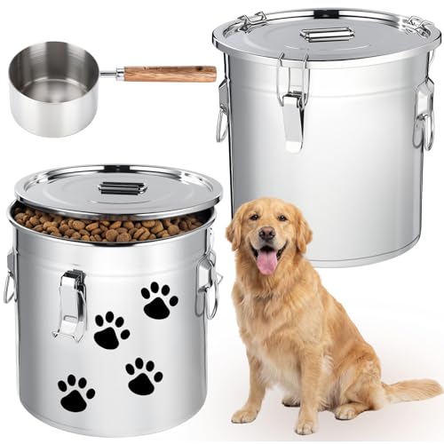 Lounsweer 2 Pack 8.9 Gal Stainless Steel Dog Food Storage Container with Lid and Locking Clamp 33 L Metal Airtight Container Large Stainless Steel Bucket with Food Scoop for Pet Feed - size: 33 L