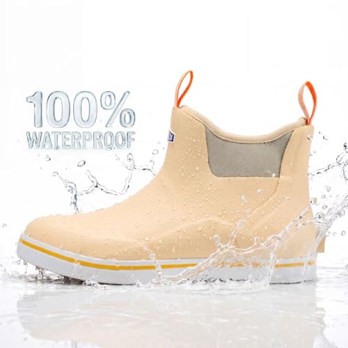 SUREWAY Men's Deck Boots Non-Slip Fishing & Ankle Boating Boot | Waterproof Rain Boots, Lightweight Neoprene Rubber Deck Boots - color: All Beige, size: 8