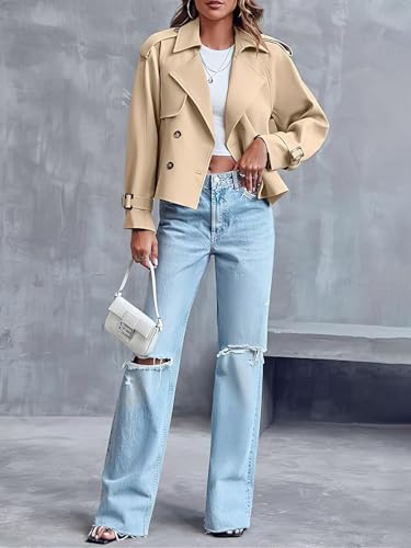 ebossy Women's Double Breasted Short Duster Trench Coat Lapel Loose Windproof Cropped Jacket Coat with Pockets - color: Light Khaki, size: Small