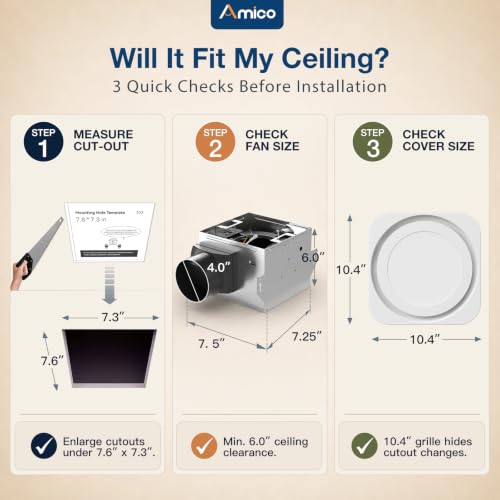 Amico Bathroom Exhaust Fan with Light, 80 CFM, 1.0 Sones, 3CCT & Nightlight | Ceiling Opening 7.6'' x 7.3'', Retrofit Ventilation Fan with 1400LM 18W LED Light, 3000K/4000K/5000K, Remote, FCC Certified