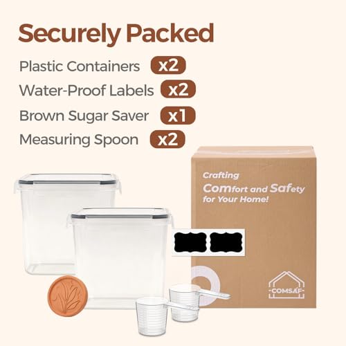 ComSaf Airtight Brown Sugar Containers with Terra Cotta Saver 2.6Qt 2Pack | Plastic Food Storage Canister with Lid, Sugar Flour Cereal Oats, Pantry Kitchen, Stackable Brown Sugar Keeper, Label & Scoops - size: 2.6Qt-Square