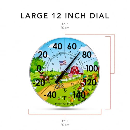 Marathon Housewares 12-Inch Indoor/Outdoor Dial Thermometer - Barn Scene | large easy-read numbers, °C/°F display, weather-resistant, mercury-free, no batteries