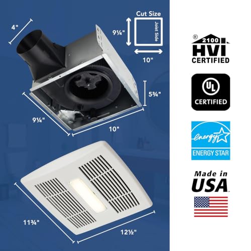 Broan-NuTone Bathroom Exhaust Fan with LED Light and Roomside Installation, Energy Star Certified, 110 CFM, Very Quiet 1.0 Sones White, AE110L | 1.0 Sones, ENERGY STAR Ceiling Exhaust Bath Fan for Moisture Removal & Quiet Bathroom Ventilation - size: 110