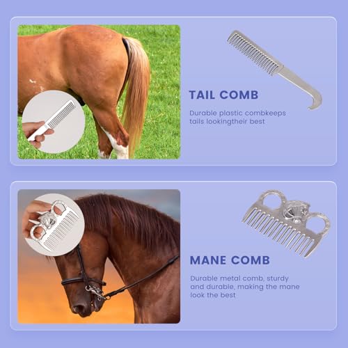 Horse Grooming Kit, 10pcs Horse Brushes & Cleaning Tool Set | Includes Tote Bag, Sweat Scraper, Curry Comb, Brush, Hoof Pick, Livestock Bathing Supplies Equine Care Supplies