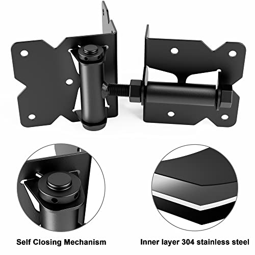 WINSOON 304 Stainless Steel Self Locking Gate Latch and Gate Hinges 2 Sets | Heavy Duty Fence Gate Hardware Kit, for Vinyl Fence Gate and Wooden Fences Gate, Adjustable Tension, Automatic, Rust Proof