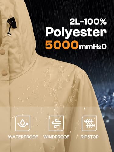 SaphiRose Women's Lightweight Packable Waterproof Long Rain Jacket | Raincoat, rain coat, windbreaker, with hood, knee-length, pack in bag, mesh lining, outdoor, camping, travel, walking dog - color: Camel, size: X-Large