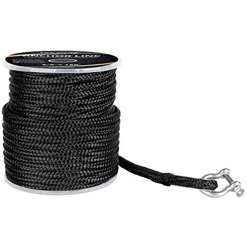 MARINE SYSTEM Made 3/8 Inch 100 FT 150 FT Black Grey Nylon Anchor Line Double Braided Anchor Rope/Line with Thimble (3/8" x 100' Black Nylon) - color: 3/8"x100' Black
