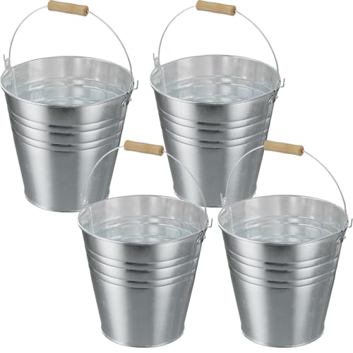 DUNCHATY 4 Gallon Galvanized Ice Bucket 4 Pack - Large Metal Beverage Tub with Wood Handles for Parties, Weddings, Beer, Wine & Champagne - 13" x 13" x 12" Rustproof Cooler - color: Ice-buckets 4P