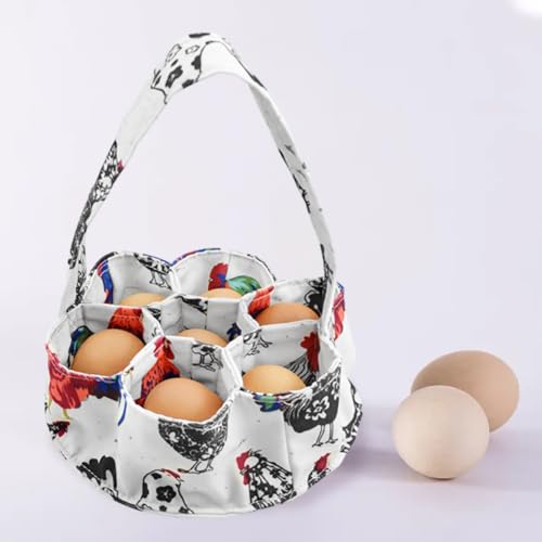Egg Basket with 7 Pouches Canvas Egg Basket for Gathering Fresh Eggs | Egg Collecting Basket,Farmhouse Chicken Egg Holder for Chicken, Duck, Goose, Bird, Various Poultry Collection Storage(White) - color: White