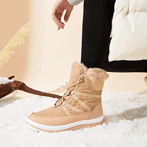 BABUDOG Womens Warm Fur Lined Mid-Calf Boots Waterproof Winter Snow Boots Non-slip Lace up Combat Boots - color: Apricot, size: 9