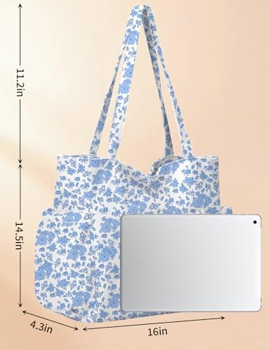 Corduroy Tote Bag for Women, Cute Floral Tote Bag with Zipper, Large Shoulder Handbag with Multi-Pockets for Work Travel Gym - color: Blue Floral