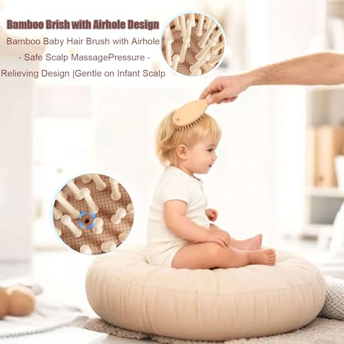 6 Piece Baby Hair Brush & Comb Set, Natural Bamboo & Goat Bristle for Cradle Cap Care, Newborn to Toddler Grooming Kit with Silicone Scrubbers for Scalp Massage