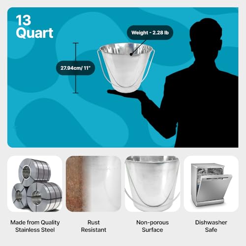 3 Gallon Stainless Steel Bucket - Flat-Side Metal Bucket 13 Quart | Rust-resistant & Durable Bucket For Food Prep Cleaning Feeding & Watering Pets & Livestock - For Crates Kennel Cages & Fences - size: 13 Quarts