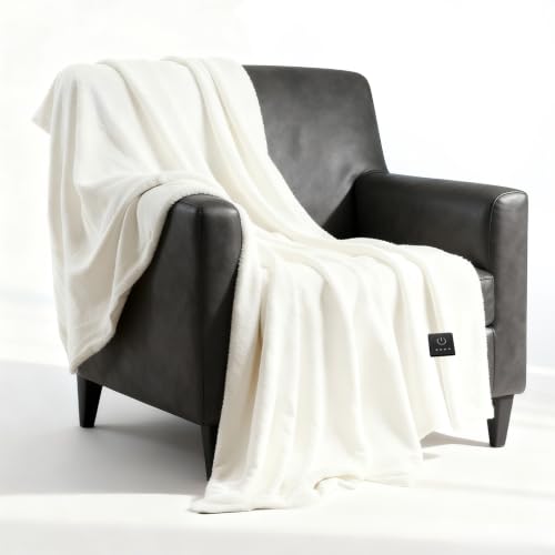 Heated Throw Blanket with Built-in Button Controller 50"x60" Electric Blanket with Soft Flannel Sherpa Fleece 4 Heat Settings 4-Hour Auto Shut Off Overheat Protection for Couch Bed and Office - color: White, size: Throw