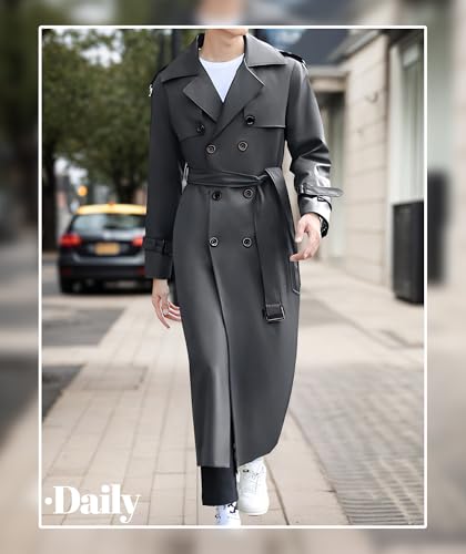 Pantete Men's Double Breasted Trench Coat Oversized Casual Windbreaker Lapel Long Jacket Overcoat - color: Dark Grey, size: Medium