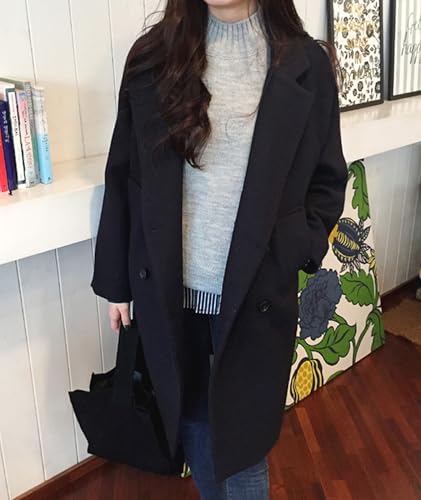 Women's Winter Double Breasted Coats Casual Loose Notch Lapel Wool Blend Pea Coat Warm Long Overcoat - color: Black, size: Large