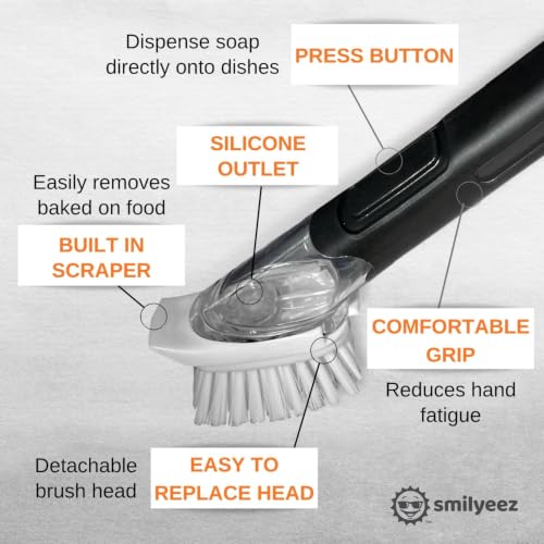 Smilyeez Black Soap Dispensing Dish Wand – Scrub Brush + 2 Cute Non-Scratch Sponge Heads - color: Black