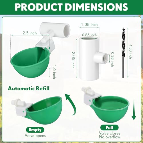 LemonRoad 30 Set Automatic Chicken Waterer Cups with 1/2" PVC Tee Fitting Chicken Drinking Bowl, Poultry Drinker Mounting Hole Opener,Water Dispenser Feeder for Duck, Goose, Turkey, Pigeon(Green) - color: Green