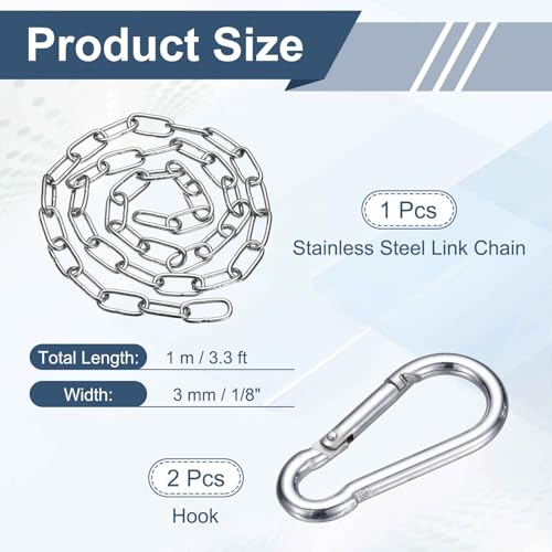 304 Stainless Steel Link Chain with 2 Hook (1/8" x 3.3 ft / 1 m x 3 Mm) - Utility Hanging Coil Chain Link Locking Pulling for Outdoor Fence Pet Dog - size: 1/8" x 3.3 ft(1 m x 3 Mm)