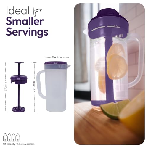 1 Quart Plastic Mixing Pitcher with Mixing Lid, BPA Free, Shatterproof Beverage Jug for Iced Tea, Lemonade, Juices, Milk – Leak-Proof, Easy Stirring, Dishwasher Safe | Purple - color: Purple, Mixing Pitcher w/ Opt. Lid
