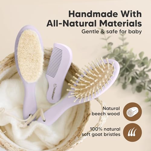 Wooden Baby Hair Brush Set for Newborns, Toddler Comb (Thistle, Regular) | Soft Goat Bristle, Baby Brush and Comb Set, Infant Grooming Kit, Cradle Cap Care, Durable & Gentle, Boy, Girl Bath Essential - color: Thistle, size: Oval, Regular 7"