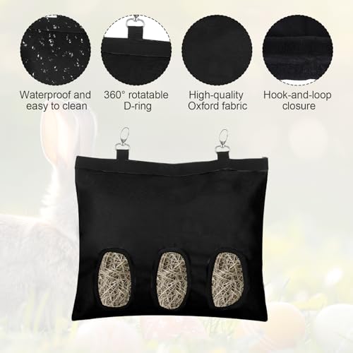2PCS Rabbit Hay Feeder,3 Hole Hay Bag for Rabbits, Washable Hanging Small Animal Feeder for Guinea Pig Bunny Chinchillas Hamsters and Other Pets - color: Black